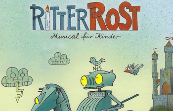 Schriftzug Ritter Rost mit gezeichnetem Ritter und Burg im Hintergrund