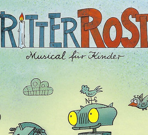 Schriftzug Ritter Rost mit gezeichnetem Ritter und Burg im Hintergrund