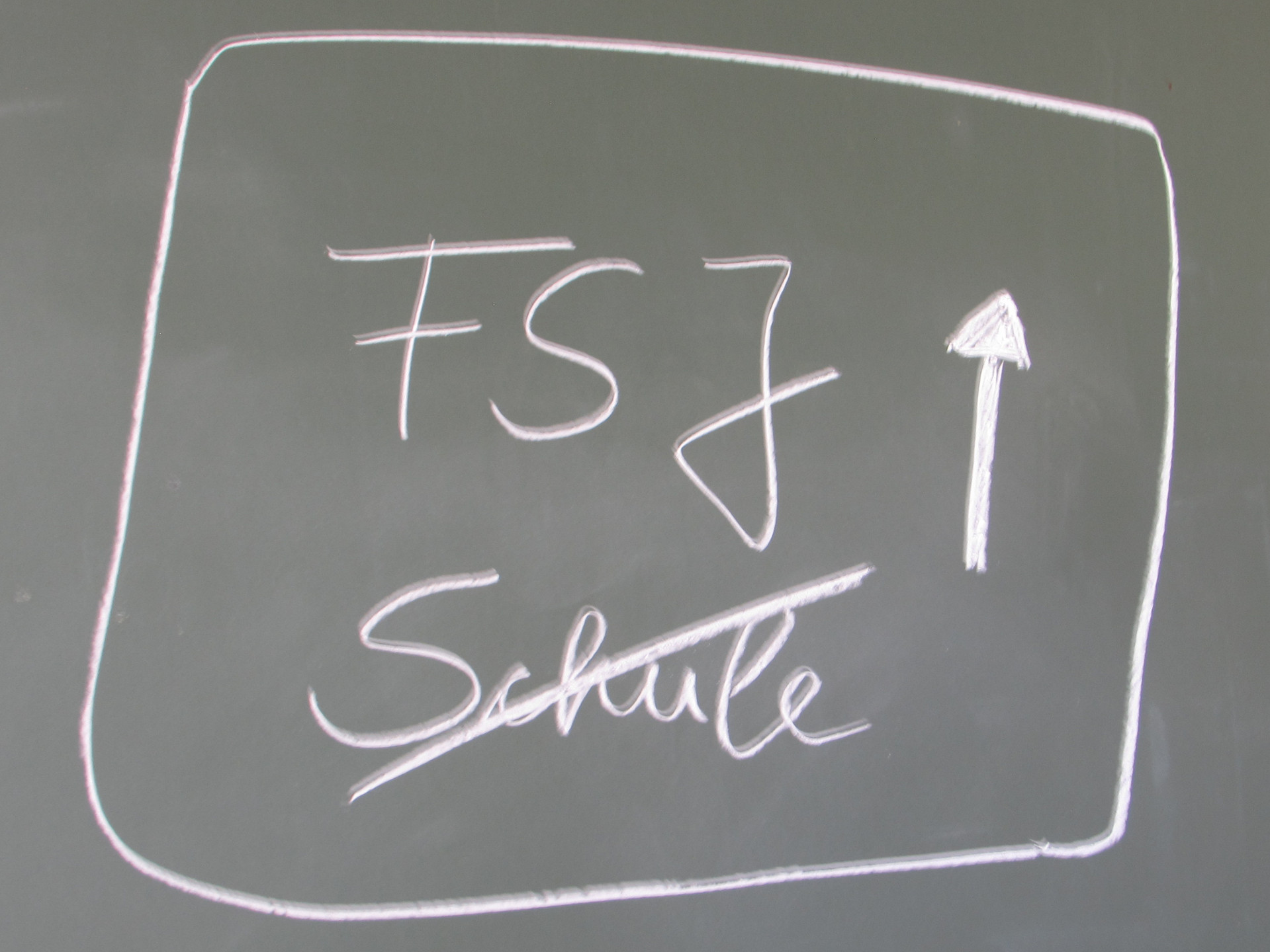 Schriftzug FSJ mit Pfeil nach oben und Schule durchgestrichen mit weißer Kreide auf grüner Tafel