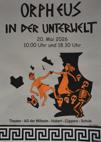 Plakat Orpheus mit gezeichneten Figuren die aus einem zerbrochenen Krug fallen