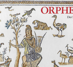 Schriftzug Orpheus mit gezeichneten griechischen Fabelwesen im Hintergrud