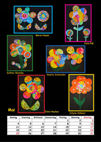 Von Schülern selbst gestaltete bunte Blumen mit Blättern