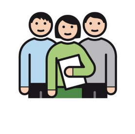 Symbolbild gezeichnet 3 Personen nebeneinander, 1 Person mit Blatt in der Hand