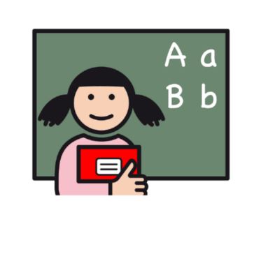Symbol Tafel und Schülerin, davor ABC auf Tafel gemalt