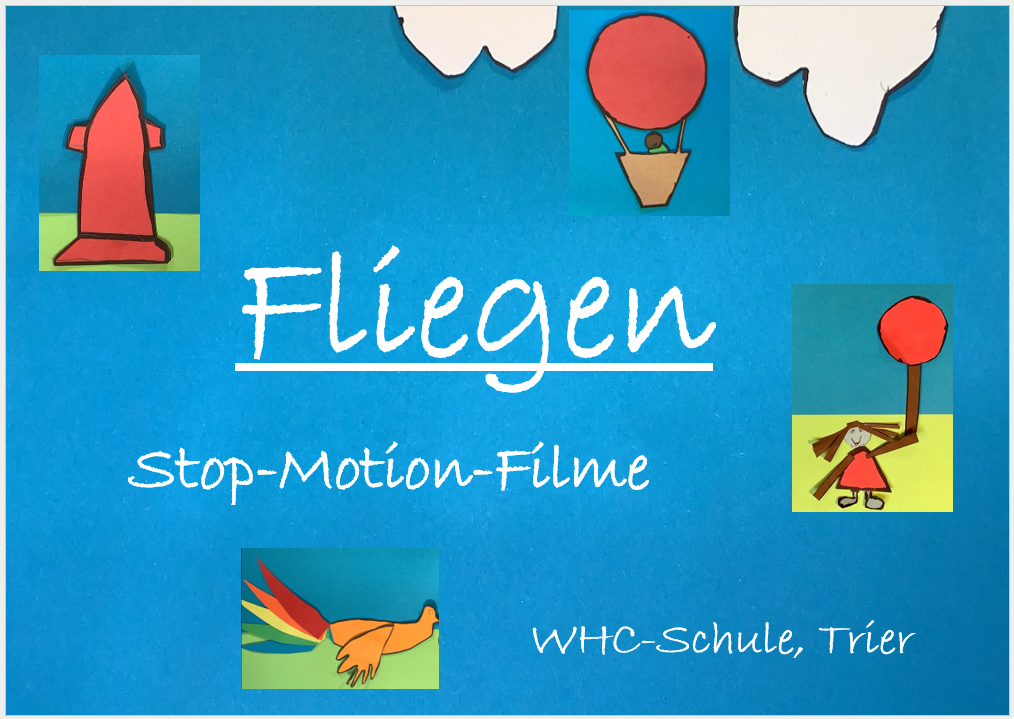 Heißluftballon, Rakete, bunter Vogel und Kind mit Ballon gezeichnet auf blauem Untergrund