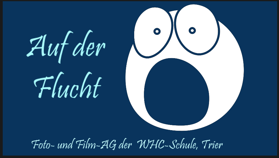 Erschrecktes Smiley-Bild mit offenem Mund mit Schriftzug Auf der Flucht