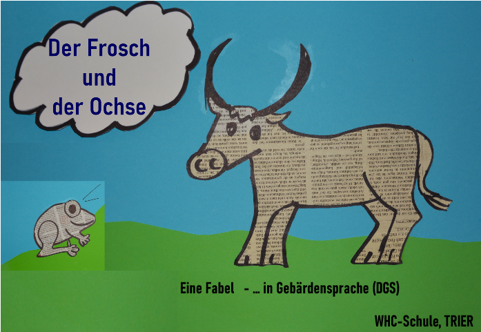 Ein kleiner Frosch und ein Ochse auf einem Plakat mit Sprechblase