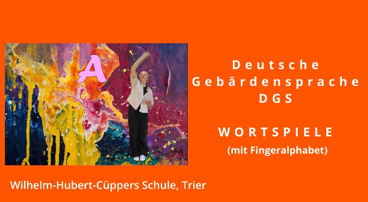 Bunte Farben, Schülerin rechts daneben. Sie gebärdet das Wort Malen.